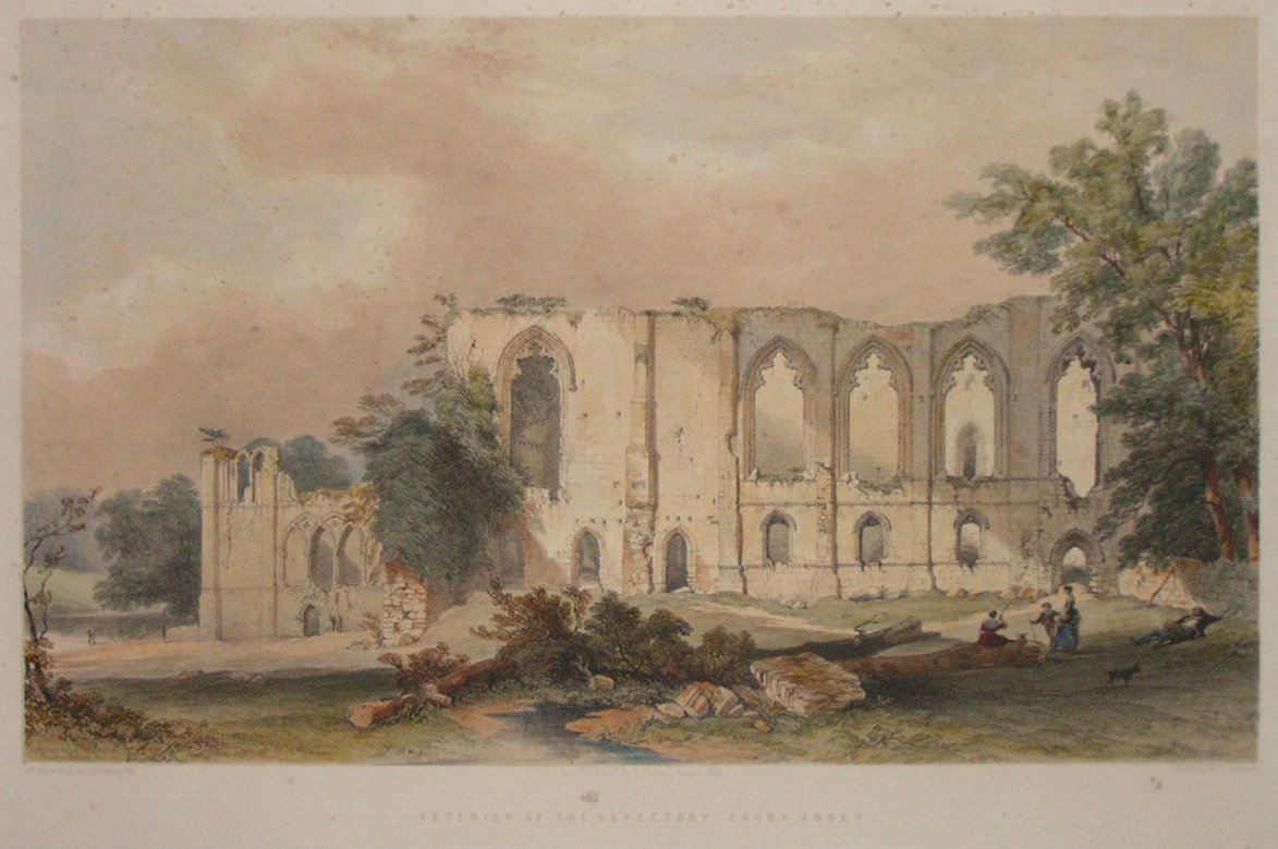 Lithograph - Exterior of the Refectory, Easby Abbey - Hawkins